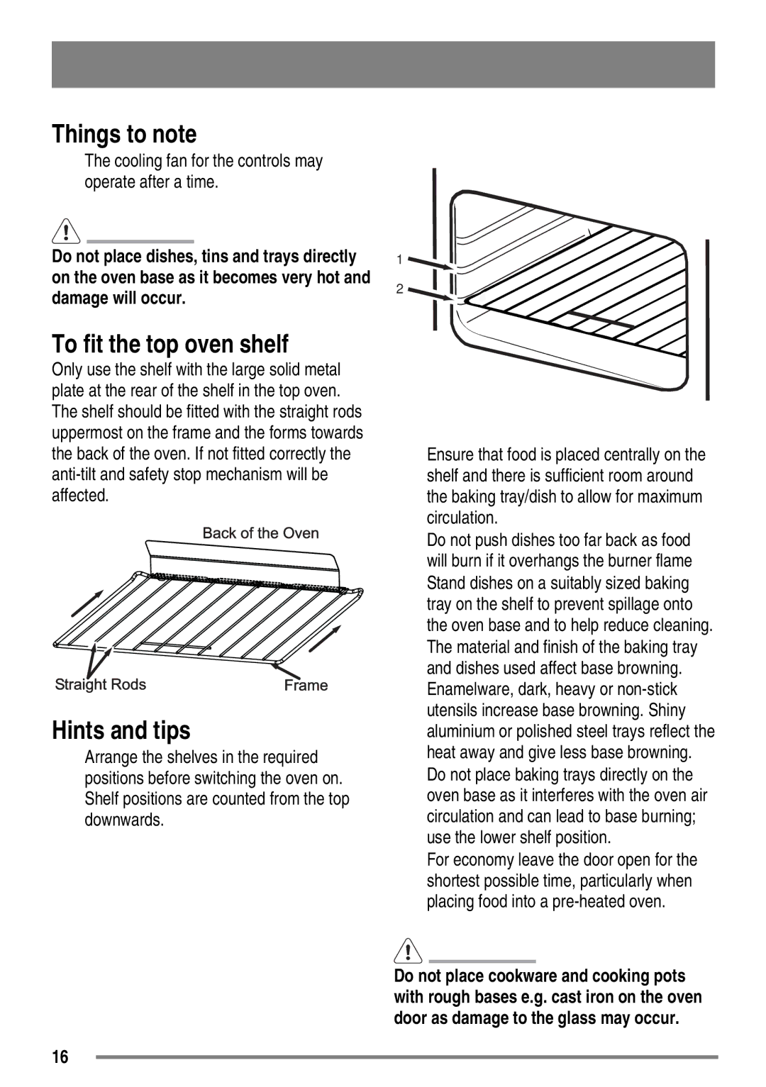 Tricity Bendix SG558/1 user manual Things to note, To fit the top oven shelf 