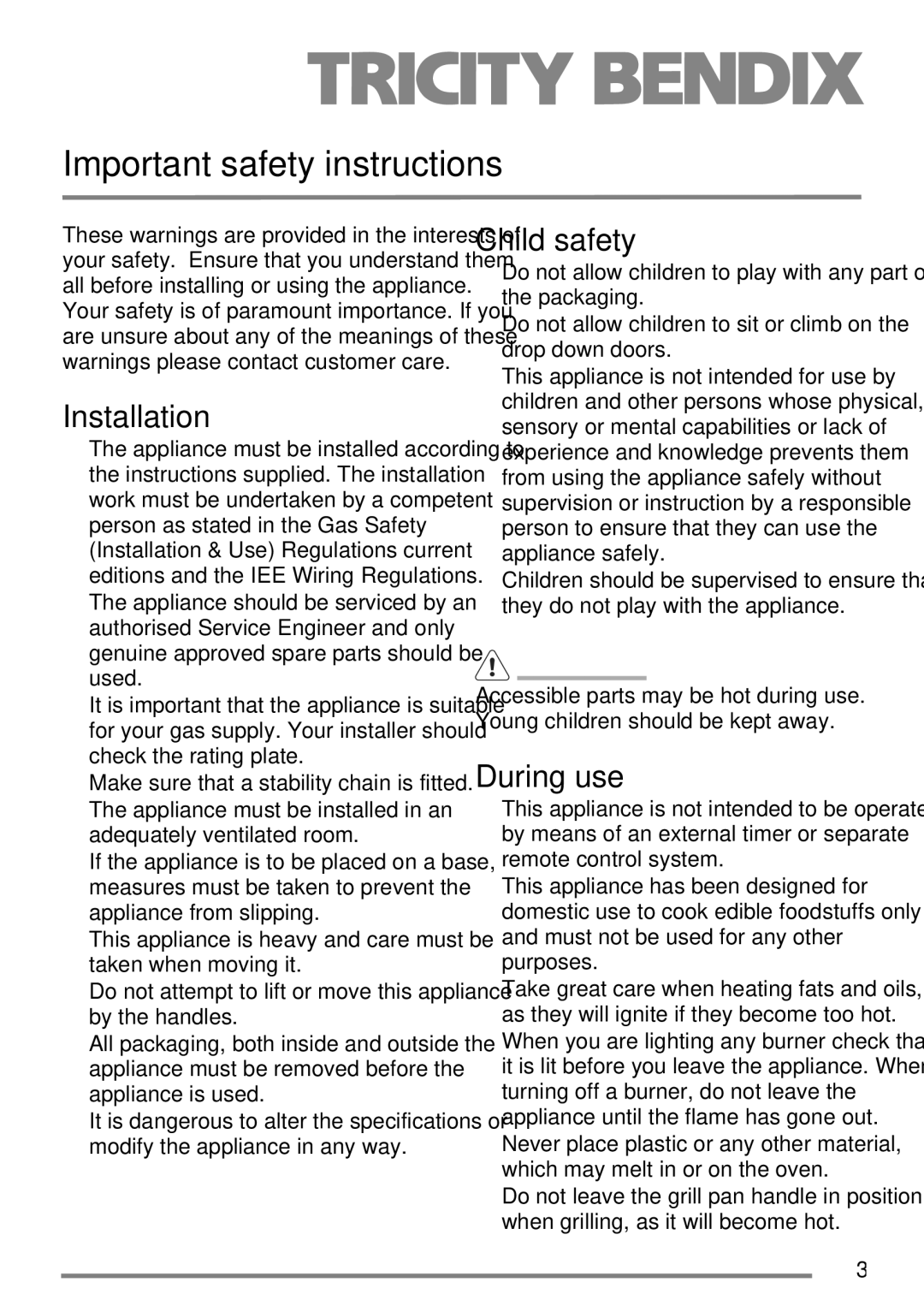 Tricity Bendix SG558/1 user manual Important safety instructions, Installation, Child safety, During use 