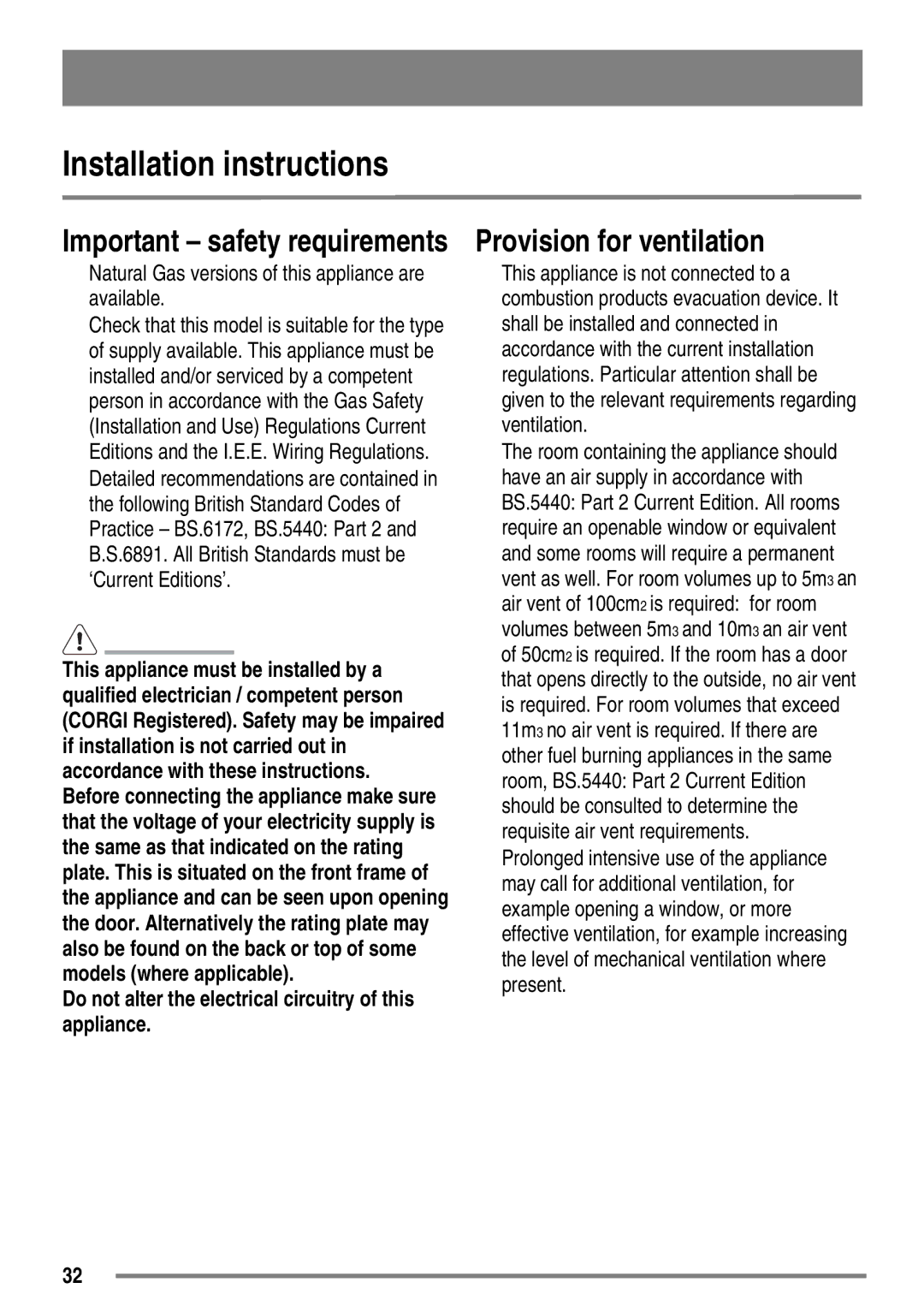 Tricity Bendix SG558/1 user manual Installation instructions, Provision for ventilation 