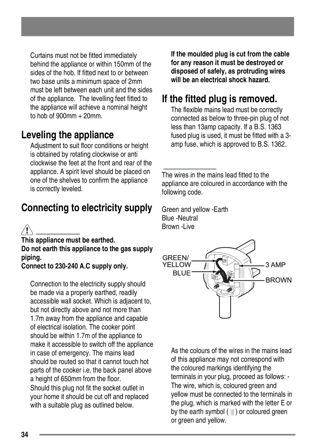 Tricity Bendix SG558/1 user manual Leveling the appliance, If the fitted plug is removed 