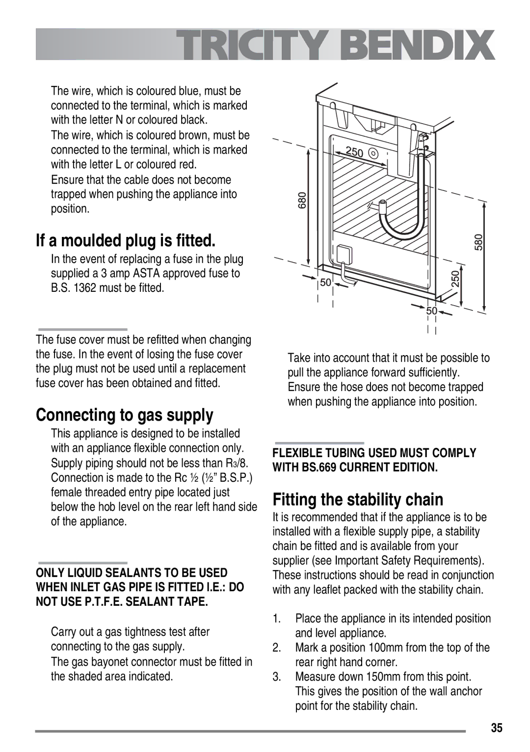 Tricity Bendix SG558/1 user manual If a moulded plug is fitted, Connecting to gas supply, Fitting the stability chain 