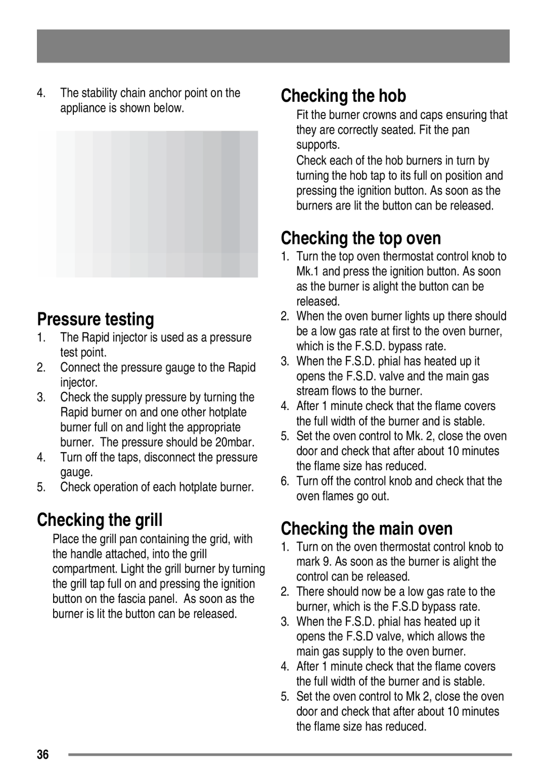 Tricity Bendix SG558/1 user manual Pressure testing, Checking the hob, Checking the top oven, Checking the grill 