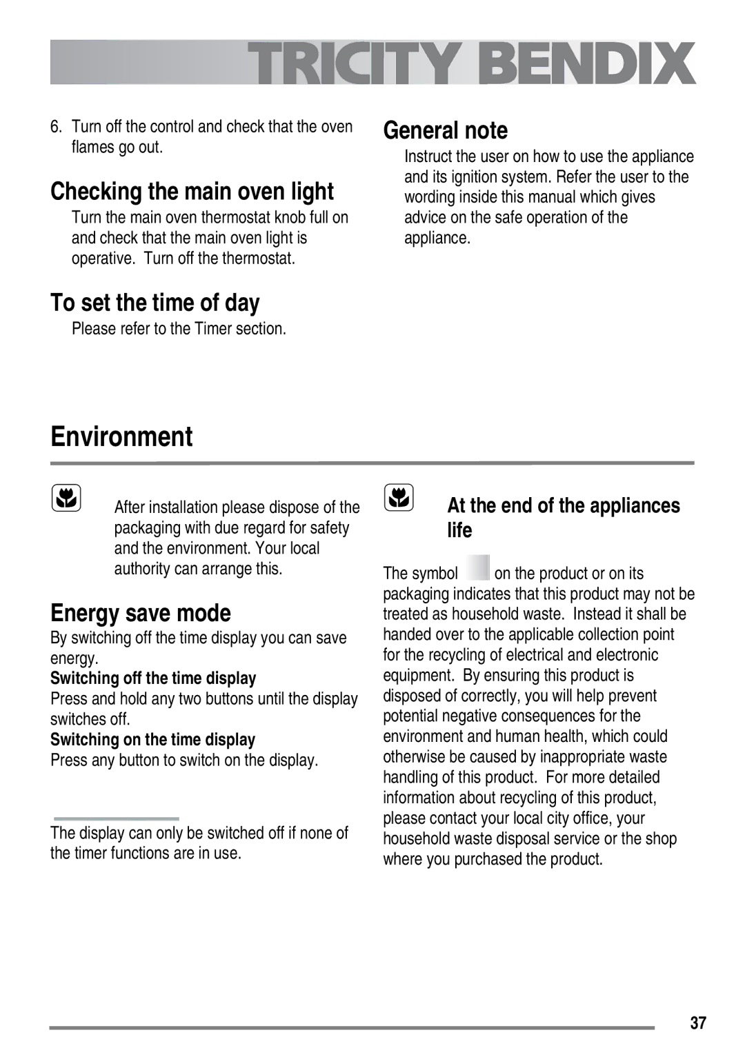 Tricity Bendix SG558/1 user manual Environment, General note, Energy save mode 