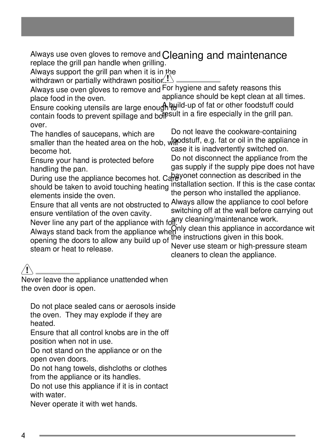 Tricity Bendix SG558/1 user manual Cleaning and maintenance 