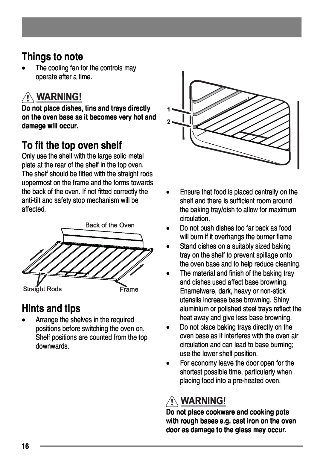 Tricity Bendix SG558/1 user manual To fit the top oven shelf, Things to note, Hints and tips 