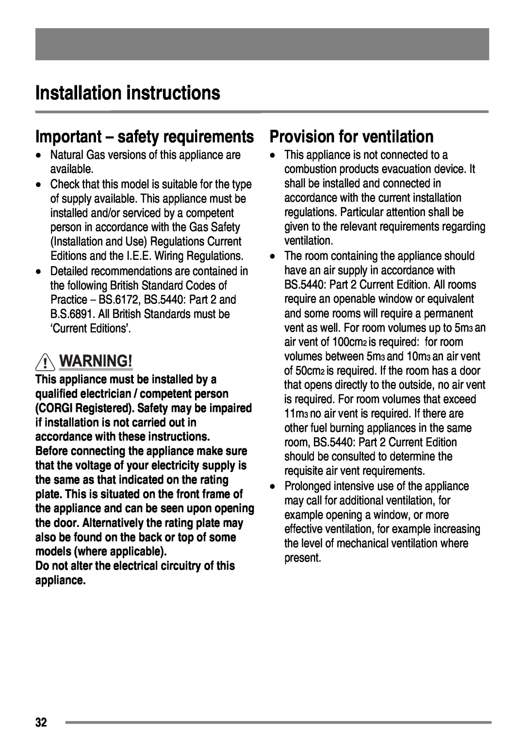 Tricity Bendix SG558/1 user manual Installation instructions, Provision for ventilation, Important - safety requirements 