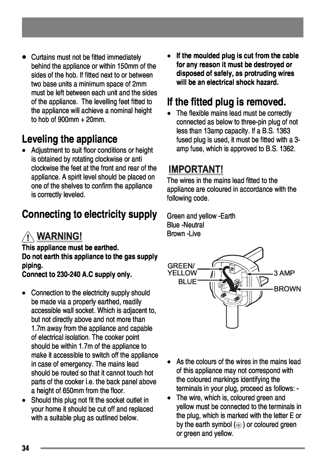 Tricity Bendix SG558/1 user manual Leveling the appliance, If the fitted plug is removed, Connecting to electricity supply 