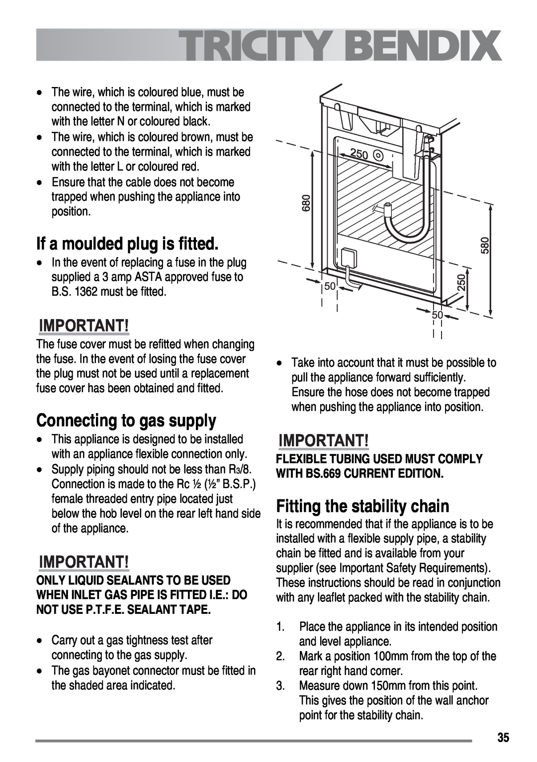 Tricity Bendix SG558/1 user manual If a moulded plug is fitted, Connecting to gas supply, Fitting the stability chain 
