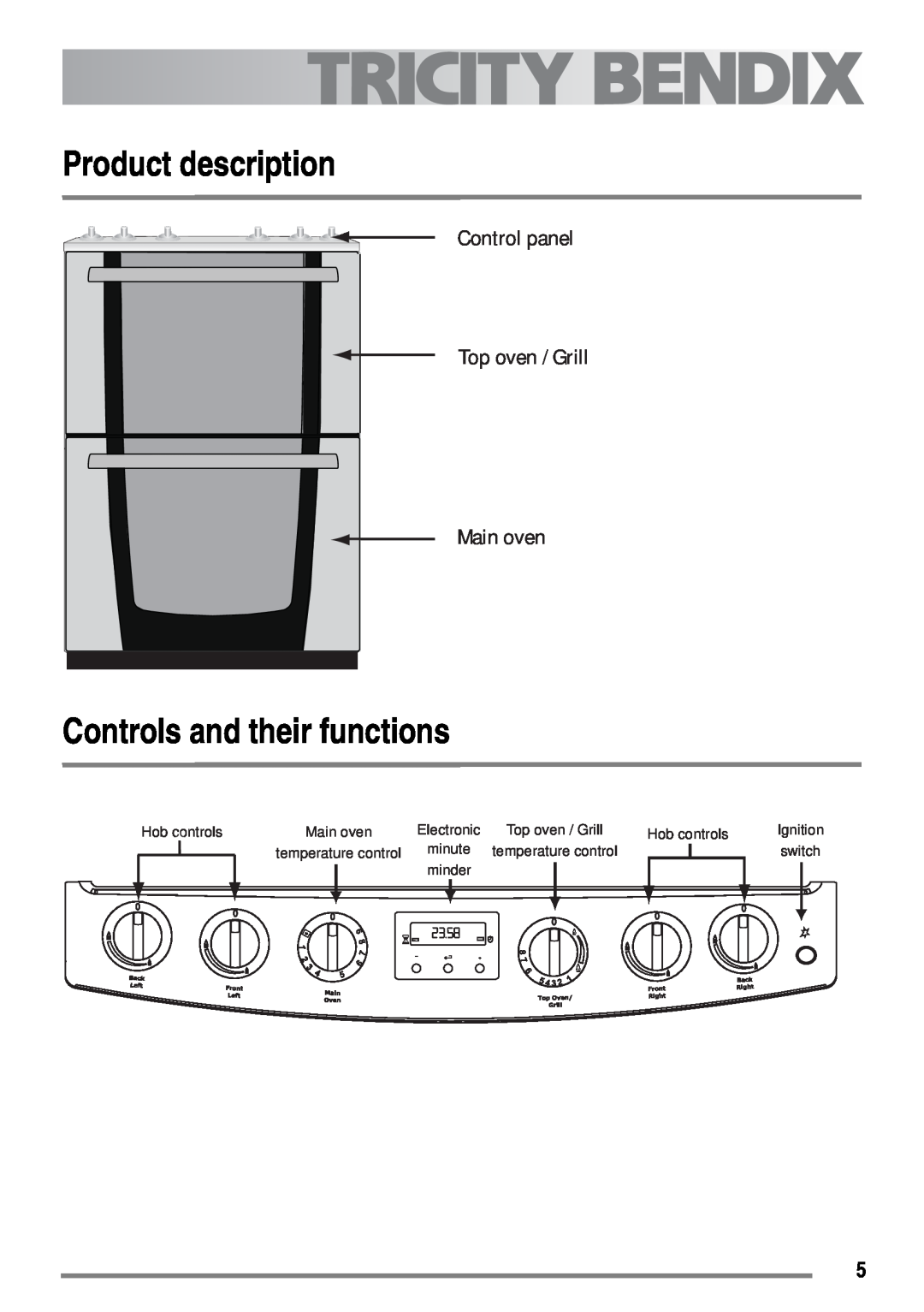 Tricity Bendix SG558/1 Product description, Controls and their functions, Control panel Top oven / Grill Main oven, minute 