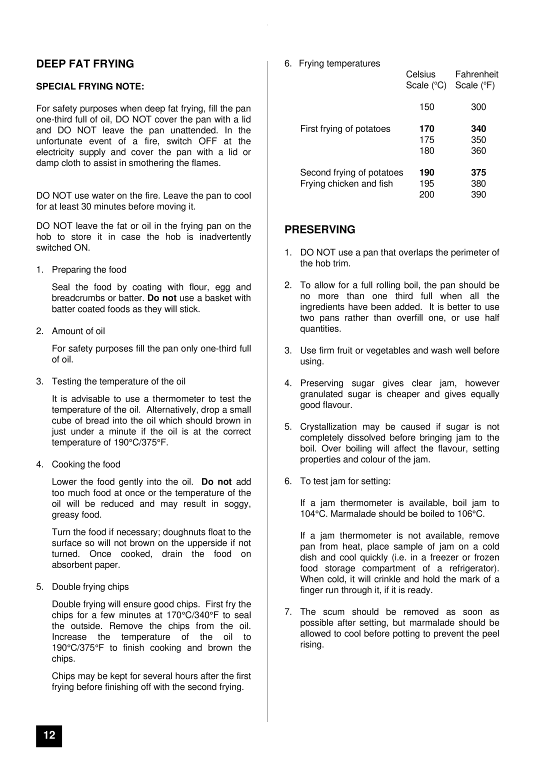 Tricity Bendix SI 055 installation instructions Deep FAT Frying, Preserving 