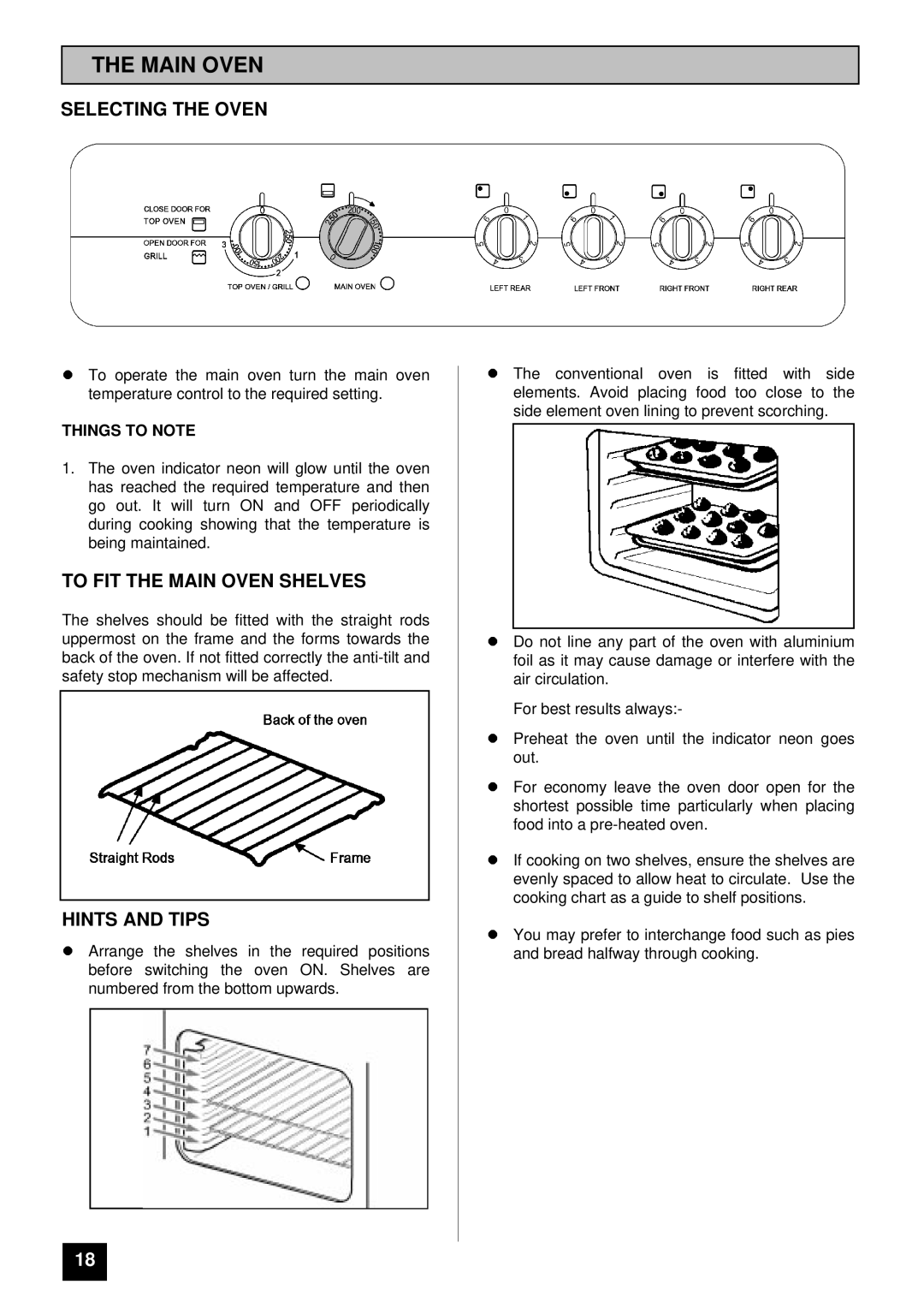 Tricity Bendix SI 055 installation instructions Selecting the Oven, To FIT the Main Oven Shelves 