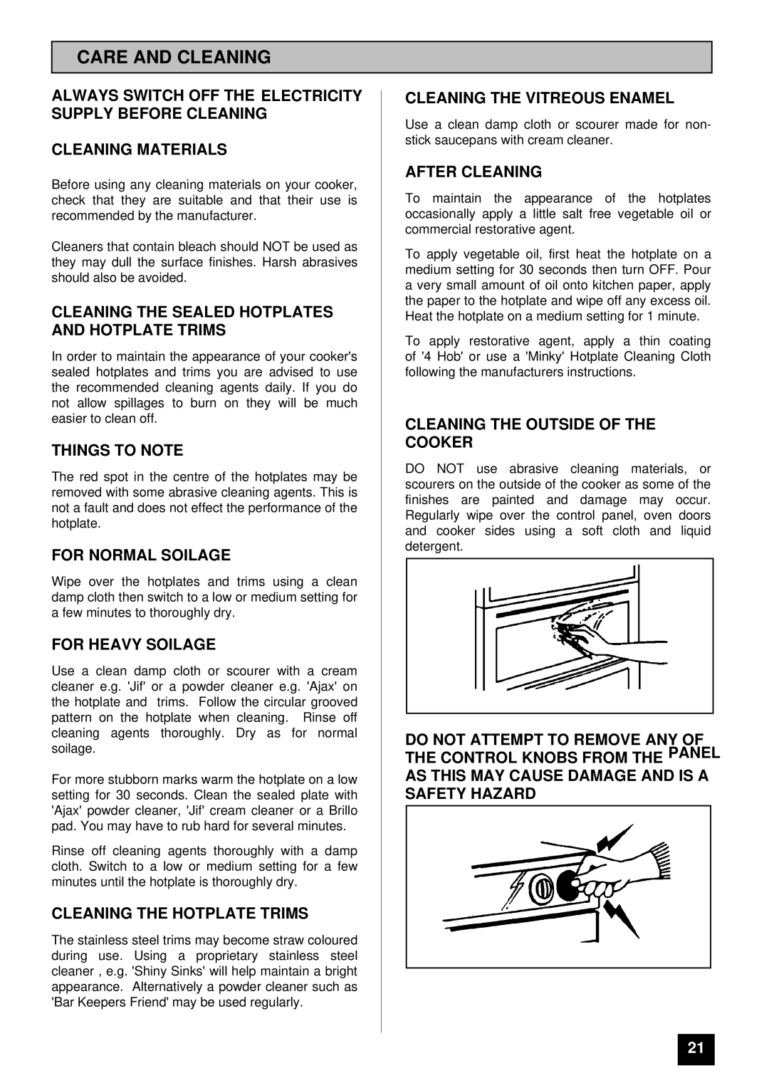 Tricity Bendix SI 055 installation instructions Care and Cleaning 