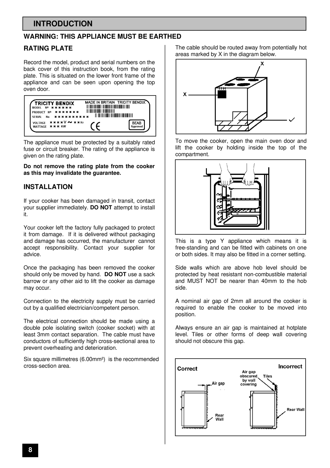 Tricity Bendix SI 055 installation instructions Introduction, Rating Plate, Installation 