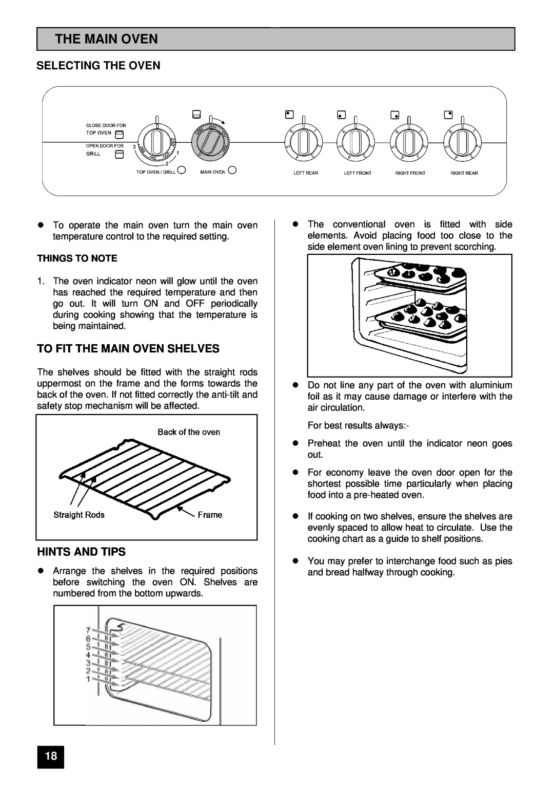 Tricity Bendix SI 055 Selecting The Oven, To Fit The Main Oven Shelves, lHINTS AND TIPS, Things To Note 