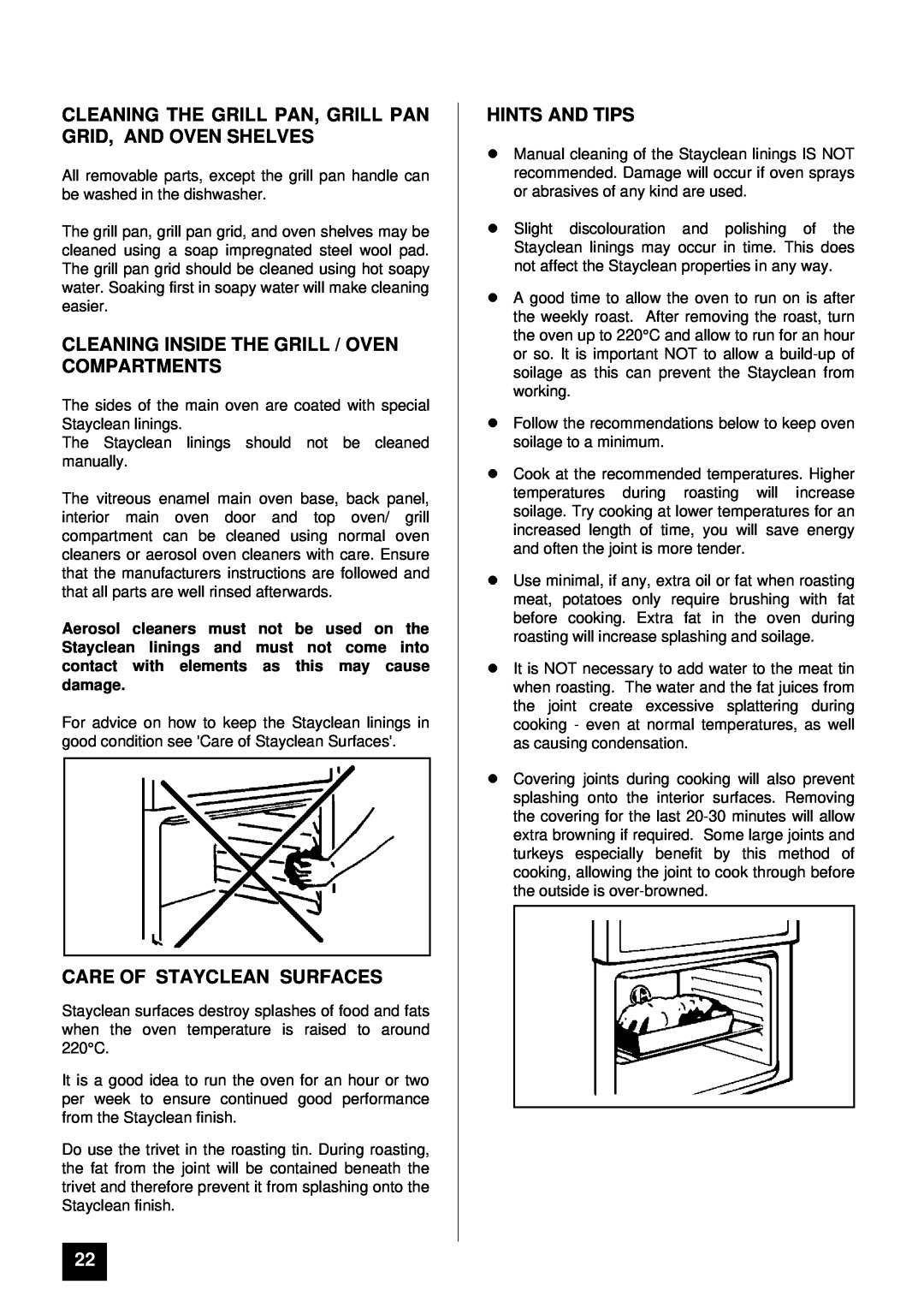 Tricity Bendix SI 055 Cleaning Inside The Grill / Oven Compartments, Care Of Stayclean Surfaces, Hints And Tips 