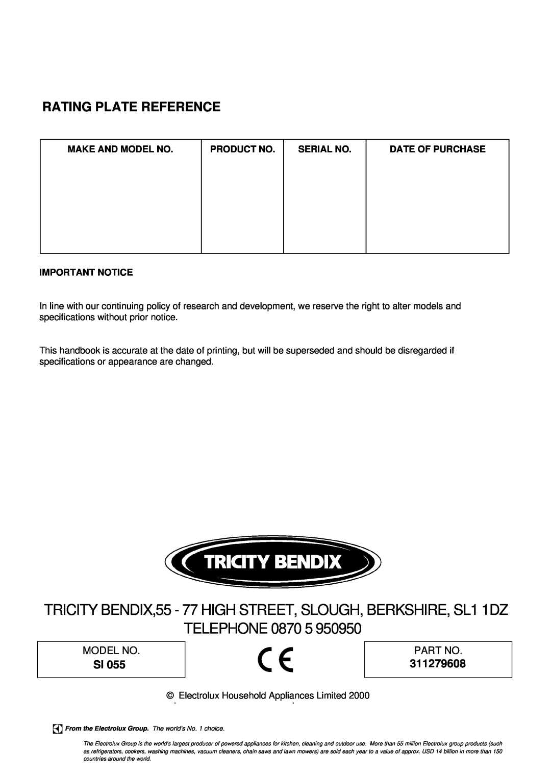 Tricity Bendix SI 055 Rating Plate Reference, 311279608, Telephone, Make And Model No, Product No, Serial No 