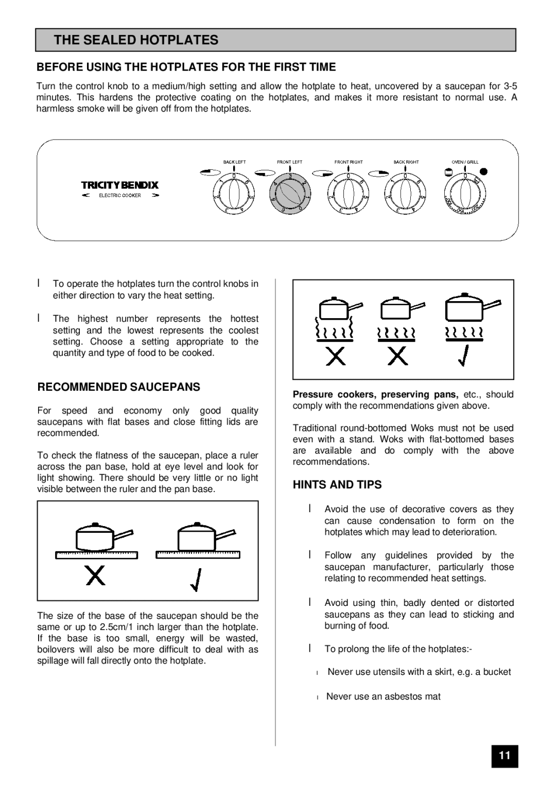 Tricity Bendix SI 221 Sealed Hotplates, Before Using the Hotplates for the First Time, Recommended Saucepans 