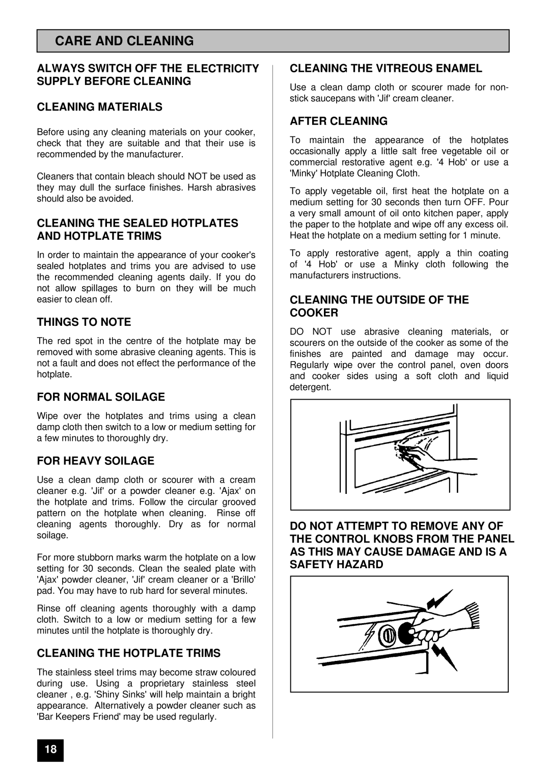 Tricity Bendix SI 221 installation instructions Care and Cleaning 