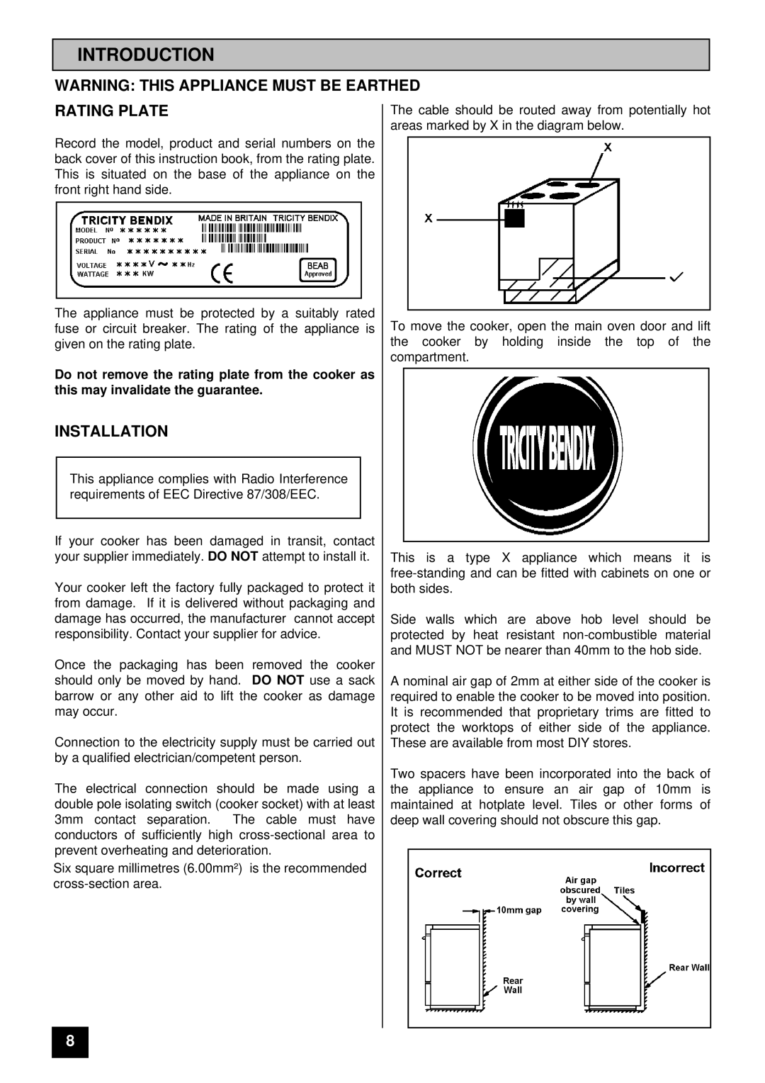 Tricity Bendix SI 221 installation instructions Introduction, Rating Plate, Installation 