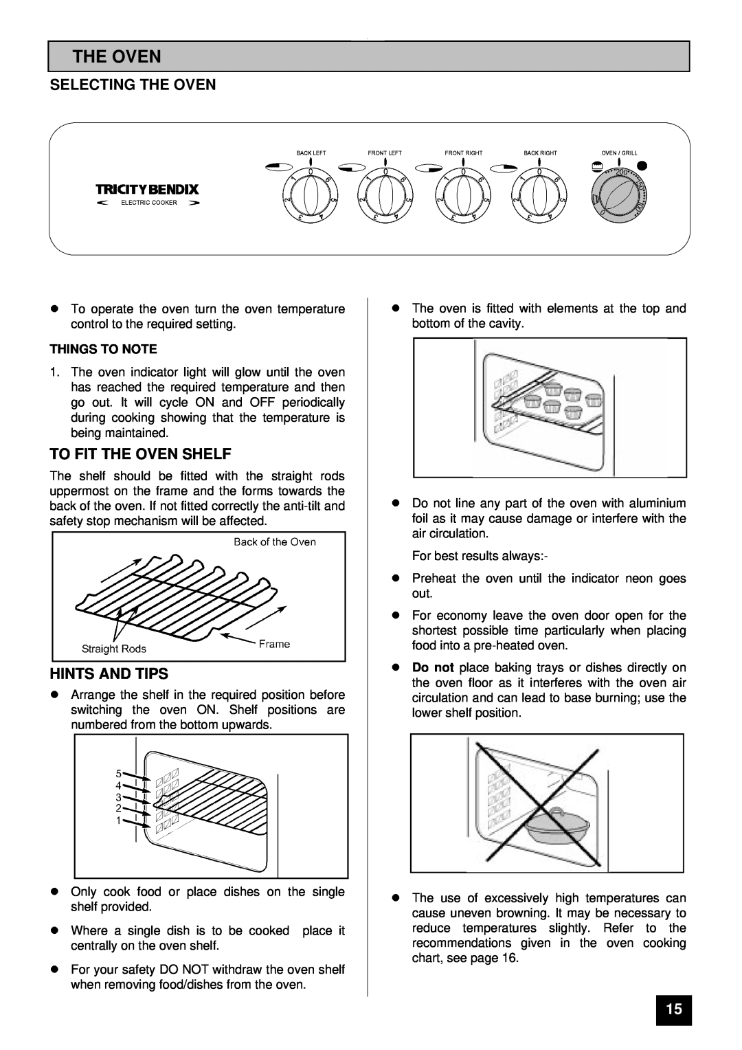Tricity Bendix SI 221 Selecting The Oven, To Fit The Oven Shelf, lHINTS AND TIPS, Things To Note 