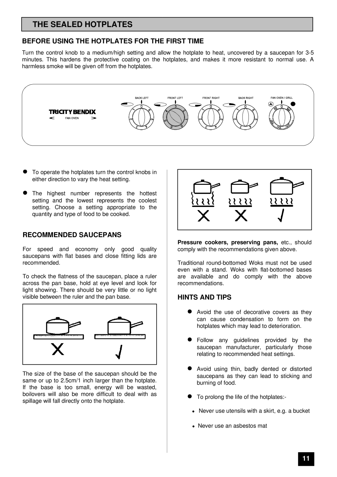 Tricity Bendix SI 251 Sealed Hotplates, Before Using the Hotplates for the First Time, Recommended Saucepans 