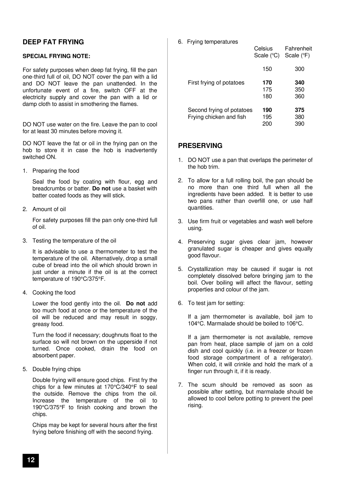 Tricity Bendix SI 251 installation instructions Deep FAT Frying, Preserving 