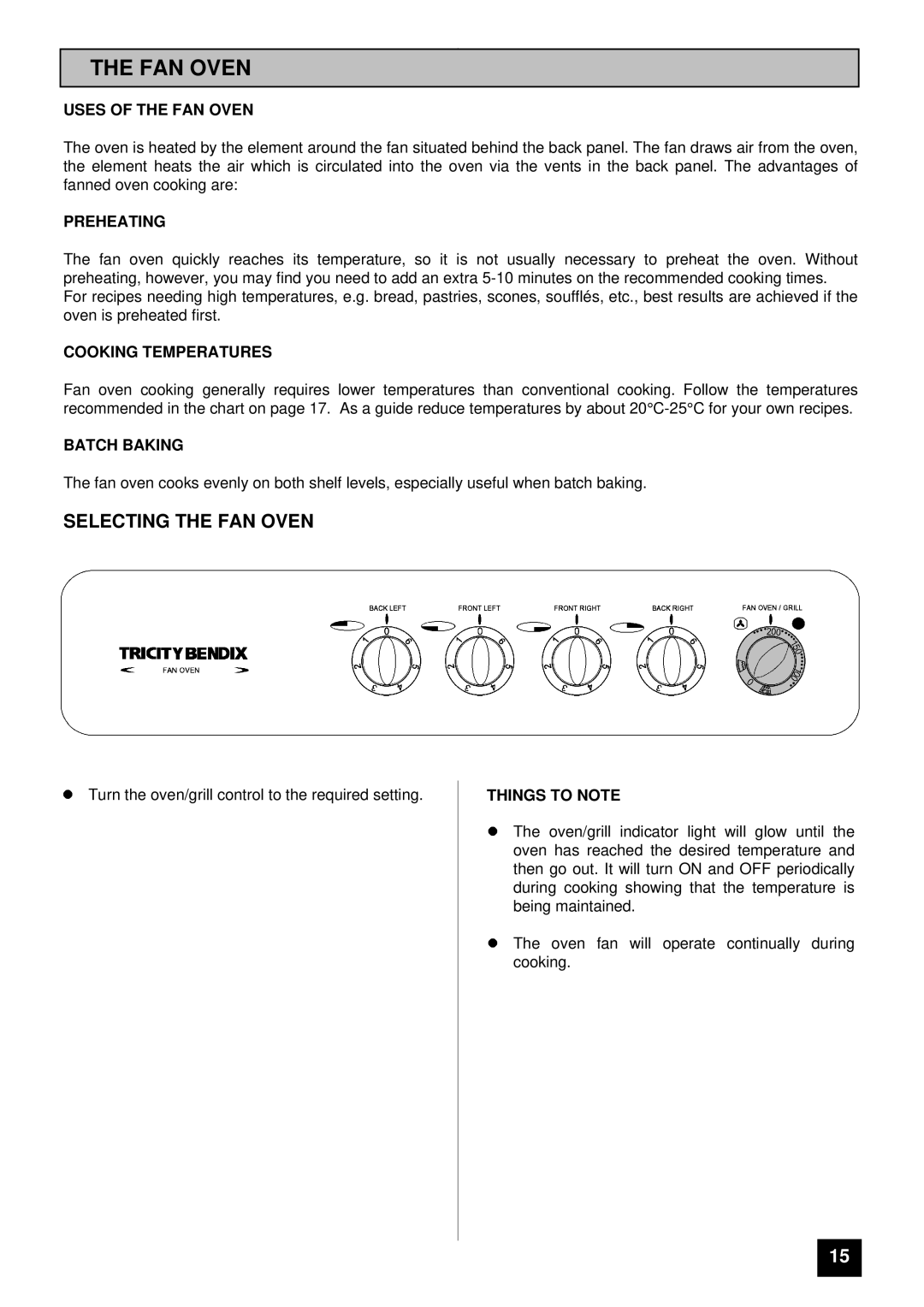 Tricity Bendix SI 251 installation instructions Selecting the FAN Oven 