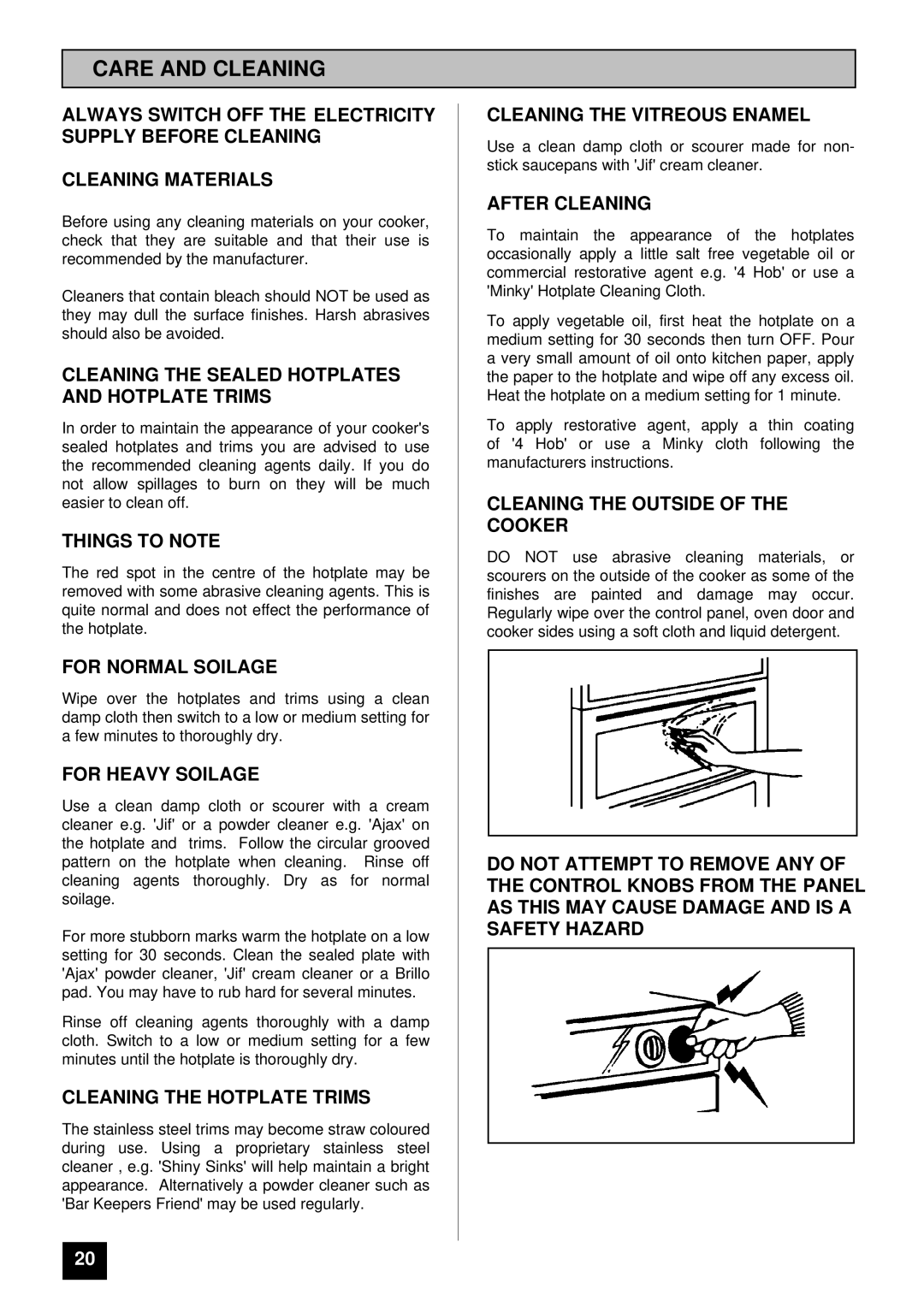 Tricity Bendix SI 251 installation instructions Care and Cleaning 