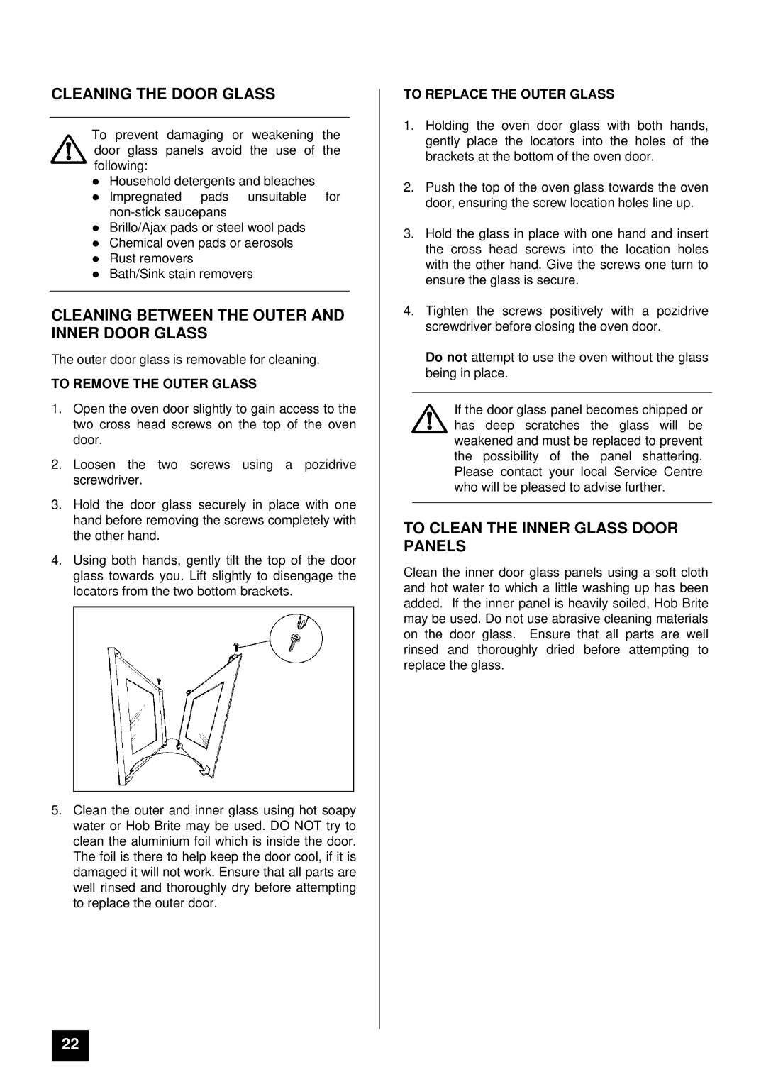 Tricity Bendix SI 251 installation instructions Cleaning the Door Glass, Cleaning Between the Outer and Inner Door Glass 