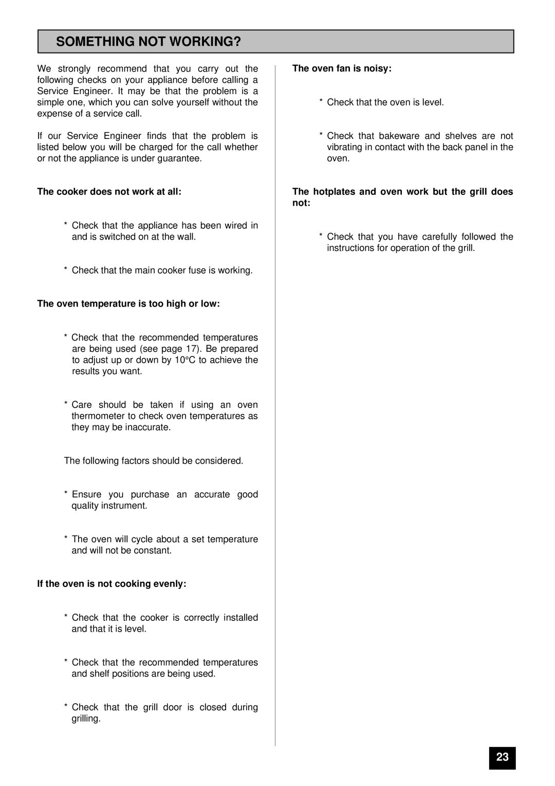 Tricity Bendix SI 251 installation instructions Something not WORKING?, Cooker does not work at all 