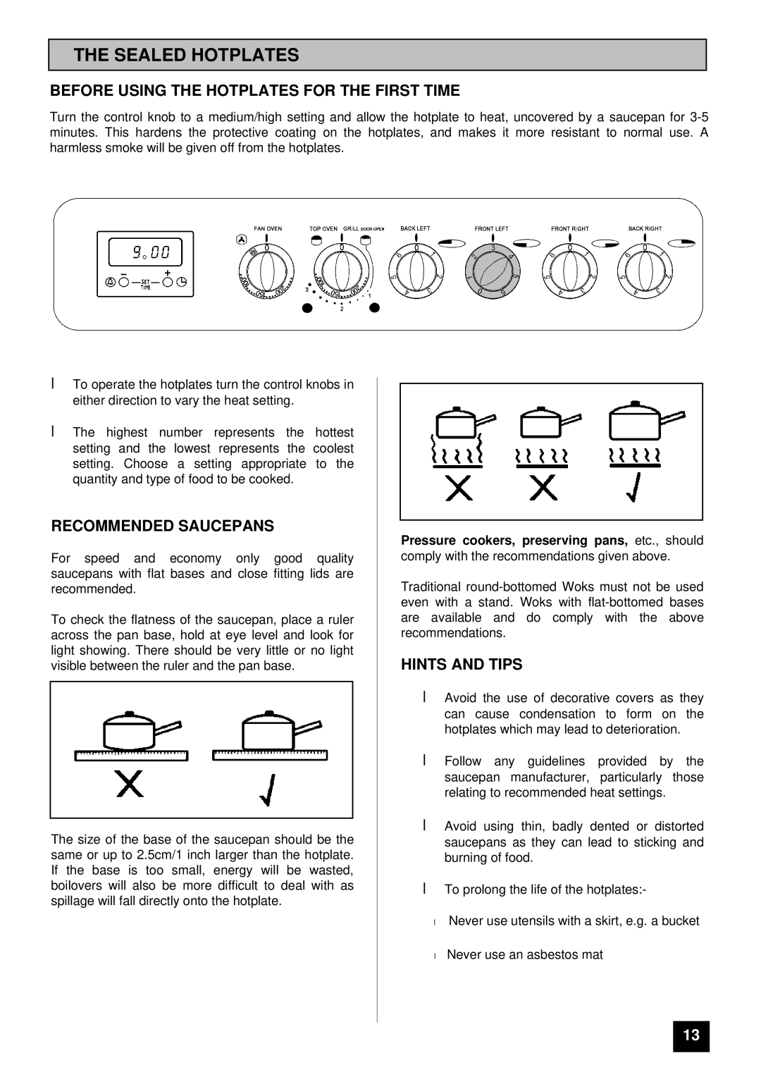 Tricity Bendix SI 322, SI 323 Sealed Hotplates, Before Using the Hotplates for the First Time, Recommended Saucepans 