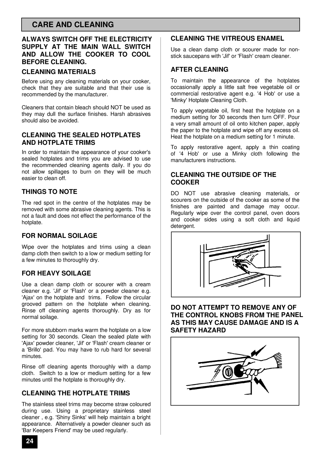 Tricity Bendix SI 323, SI 322 installation instructions Care and Cleaning 