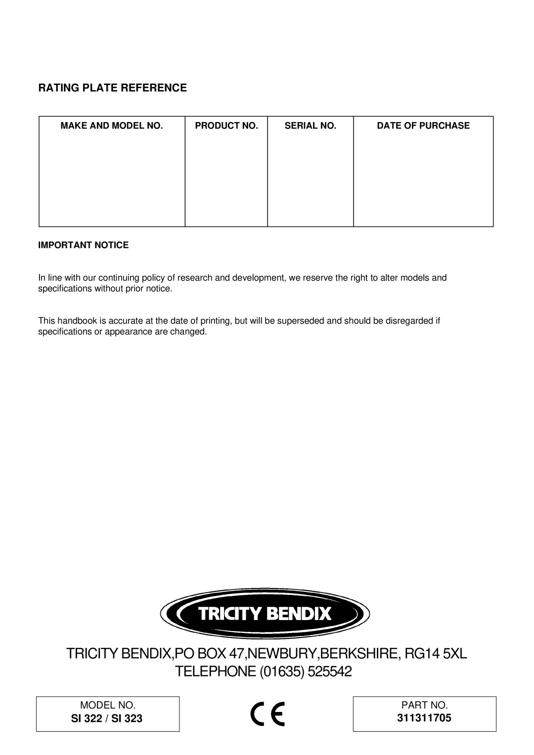 Tricity Bendix SI 323, SI 322 installation instructions Rating Plate Reference 