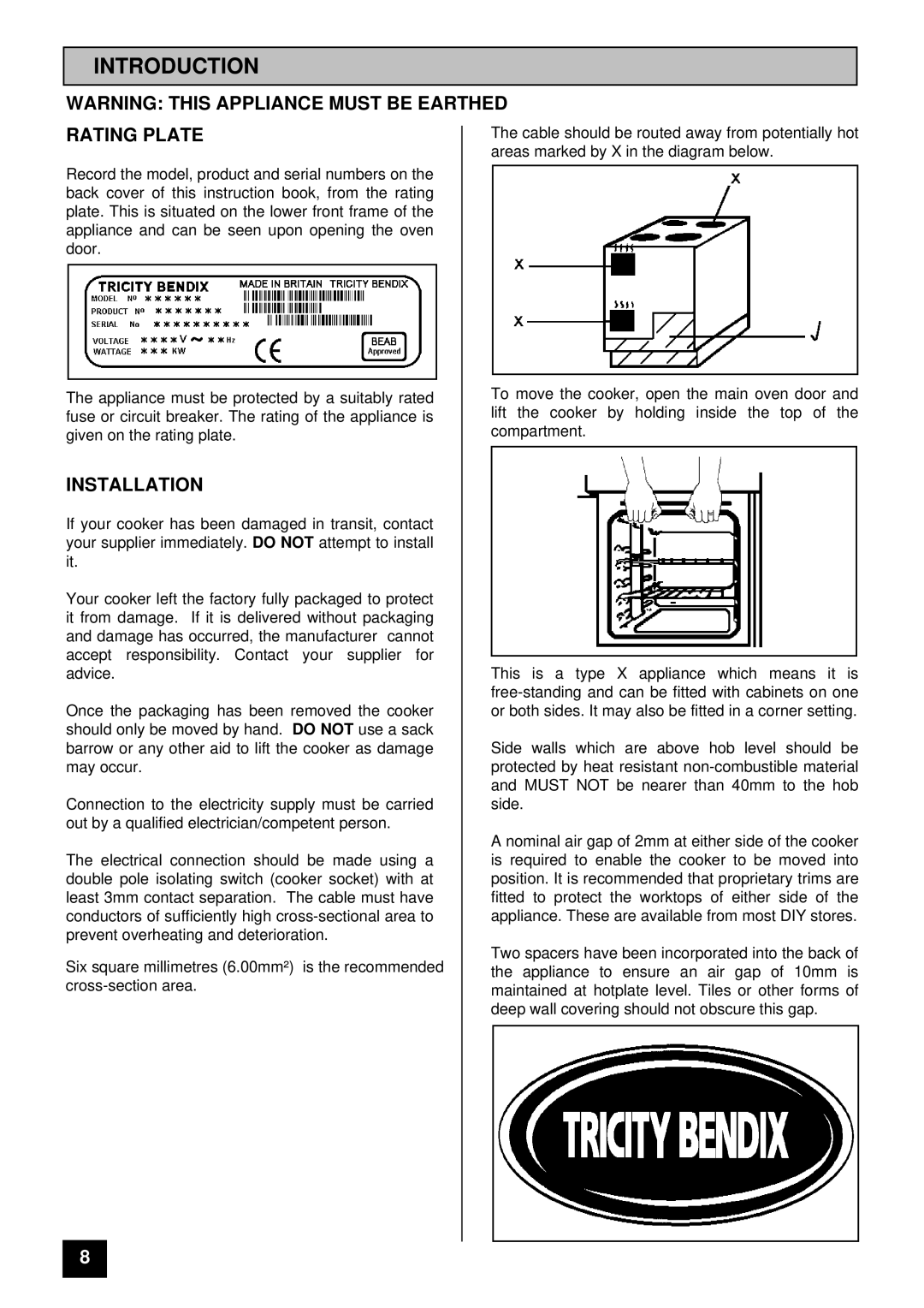 Tricity Bendix SI 323, SI 322 installation instructions Introduction, Rating Plate, Installation 