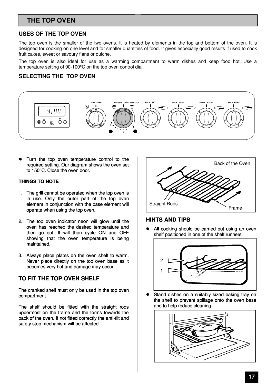 Tricity Bendix SI 322, SI 323 Uses Of The Top Oven, Selecting The Top Oven, To Fit The Top Oven Shelf, lHINTS AND TIPS 