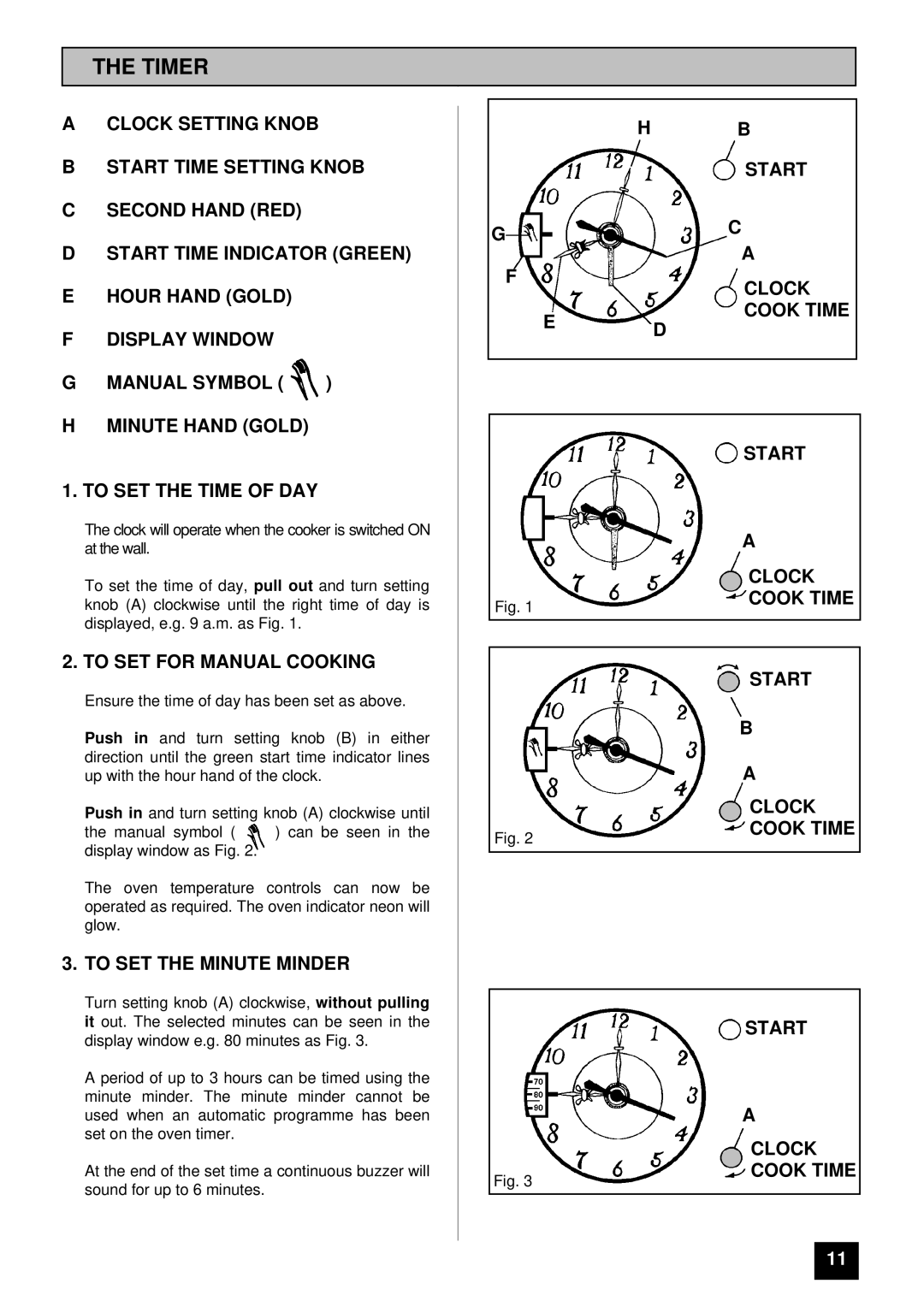 Tricity Bendix SI 400GR Timer, To SET for Manual Cooking, Start Clock Cook Time, To SET the Minute Minder Clock Cook Time 