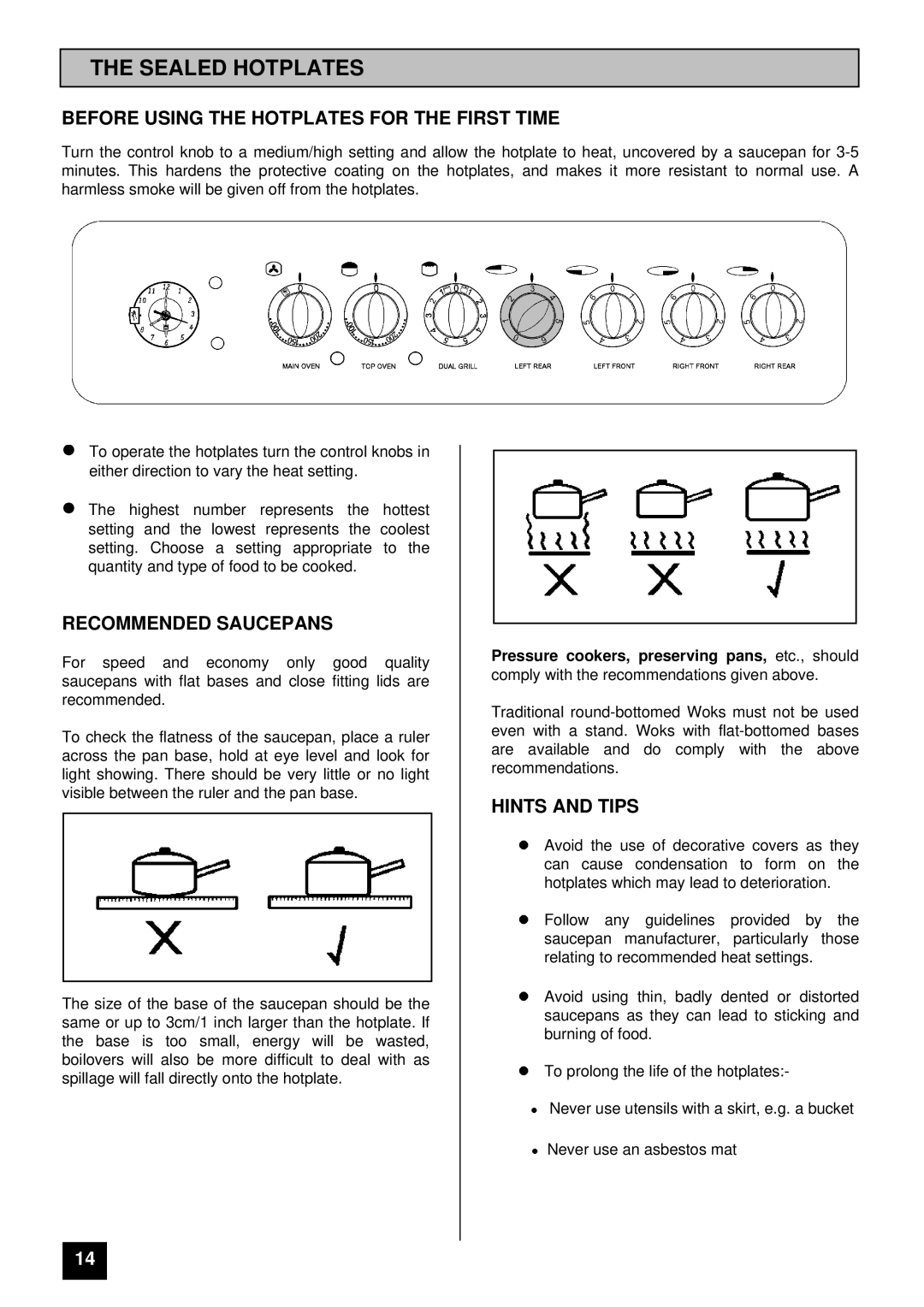 Tricity Bendix SI 400GR Sealed Hotplates, Before Using the Hotplates for the First Time, Recommended Saucepans 