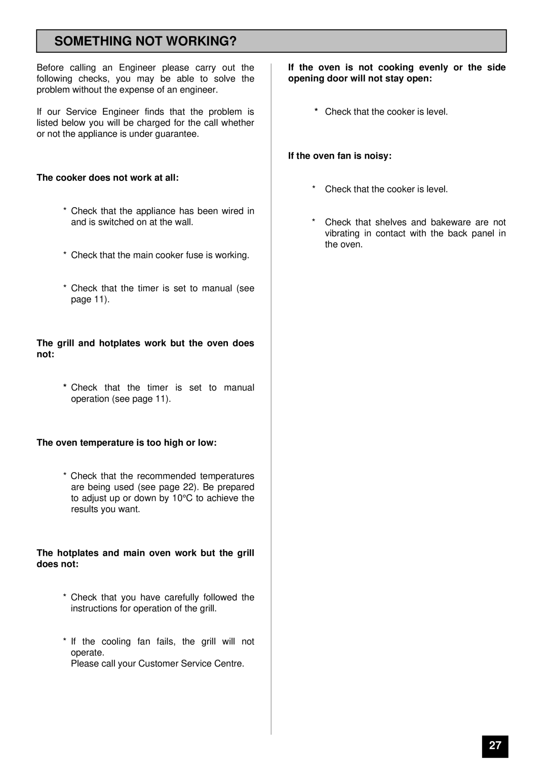 Tricity Bendix SI 400GR installation instructions Something not WORKING?, Cooker does not work at all 