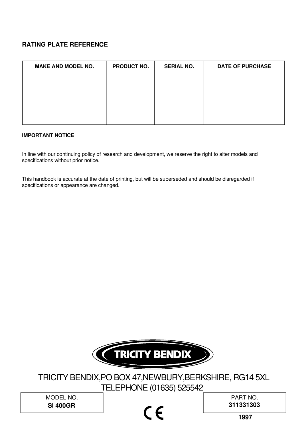 Tricity Bendix SI 400GR installation instructions Rating Plate Reference 