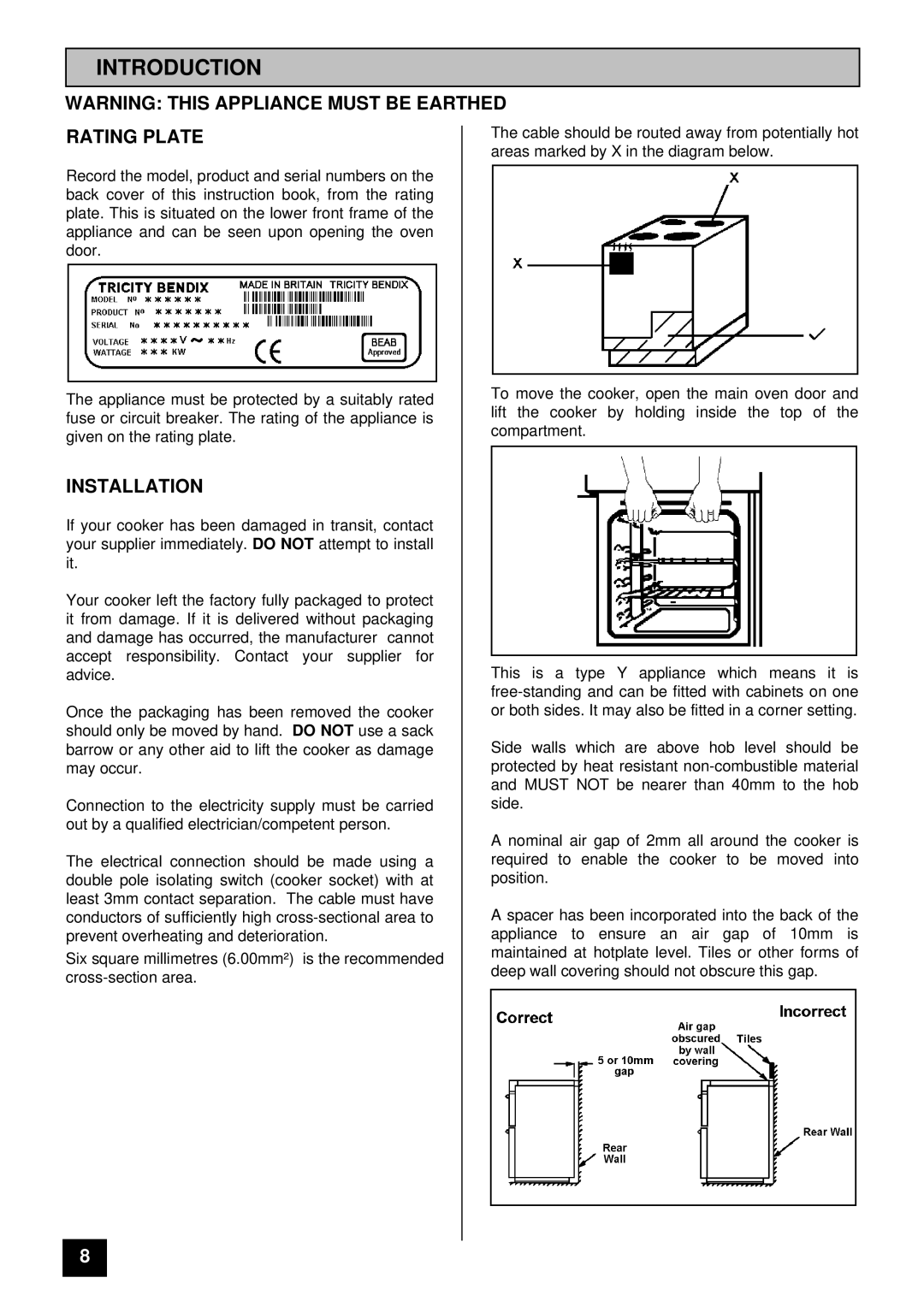 Tricity Bendix SI 400GR installation instructions Introduction, Rating Plate, Installation 