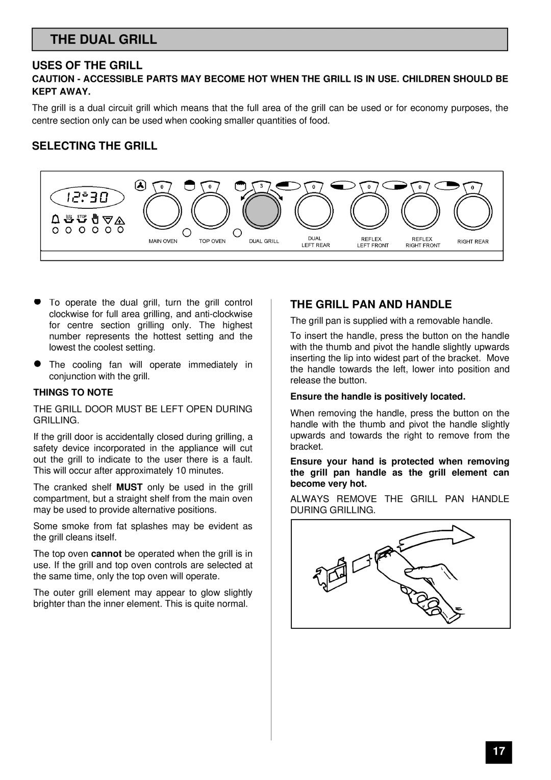 Tricity Bendix SI 452 Dual Grill, Uses of the Grill, Selecting the Grill, Grill PAN and Handle, Things to Note 