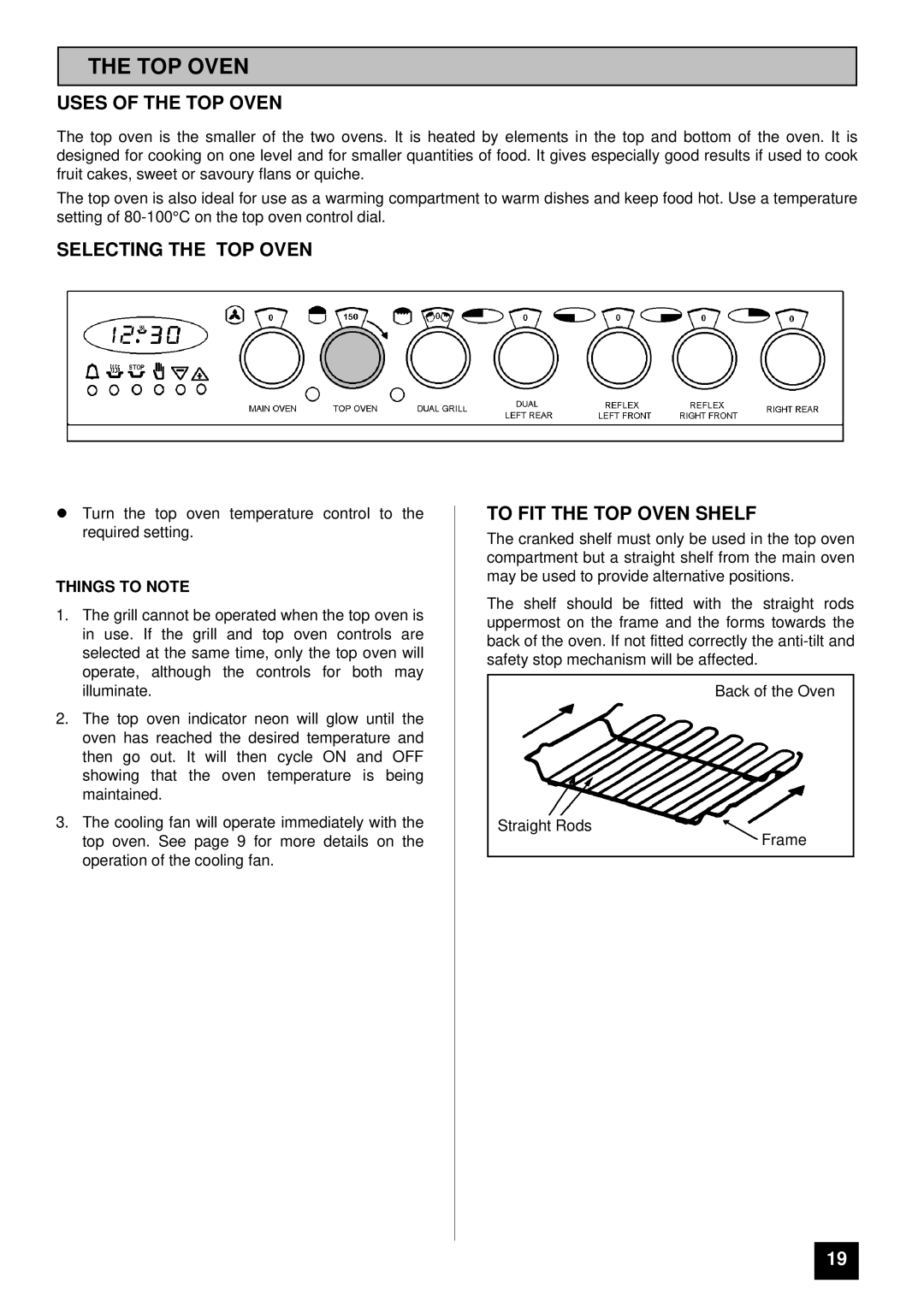 Tricity Bendix SI 452 installation instructions Uses of the TOP Oven, Selecting the TOP Oven, To FIT the TOP Oven Shelf 