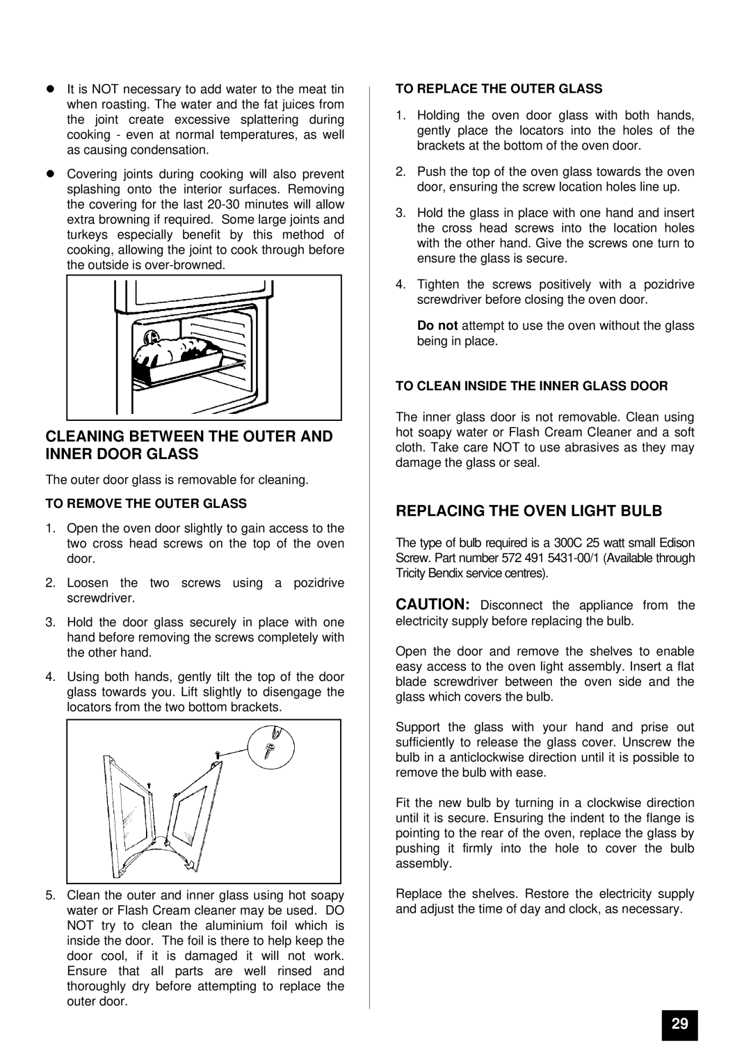 Tricity Bendix SI 452 Cleaning Between the Outer and Inner Door Glass, Replacing the Oven Light Bulb 