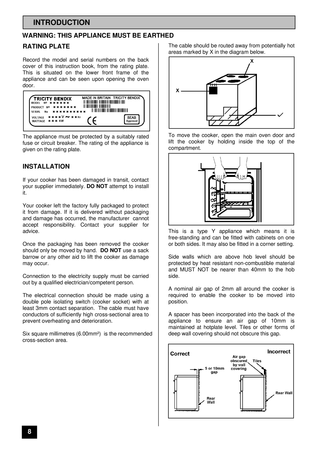 Tricity Bendix SI 452 installation instructions Introduction, Rating Plate, Installation 