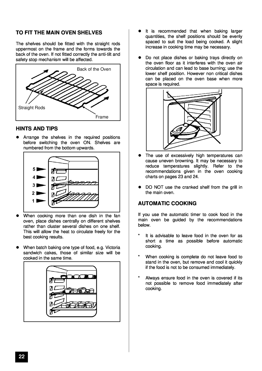Tricity Bendix SI 452 installation instructions To Fit The Main Oven Shelves, lHINTS AND TIPS, Automatic Cooking 