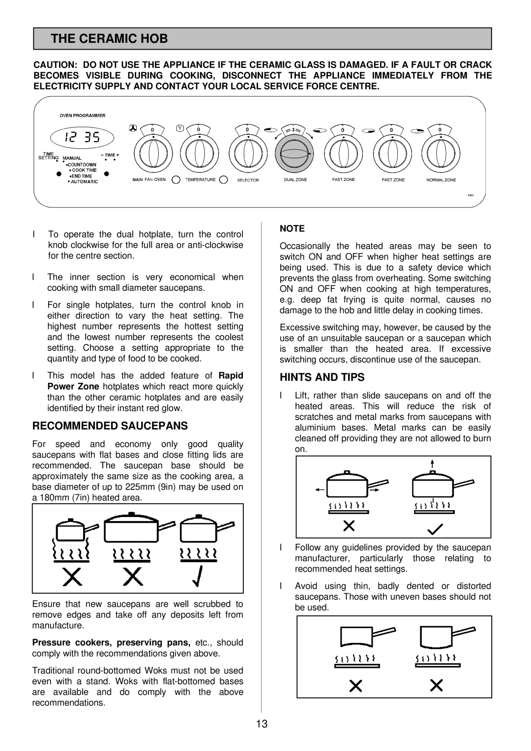 Tricity Bendix SI 453 installation instructions Ceramic HOB, Recommended Saucepans, Hints and Tips 