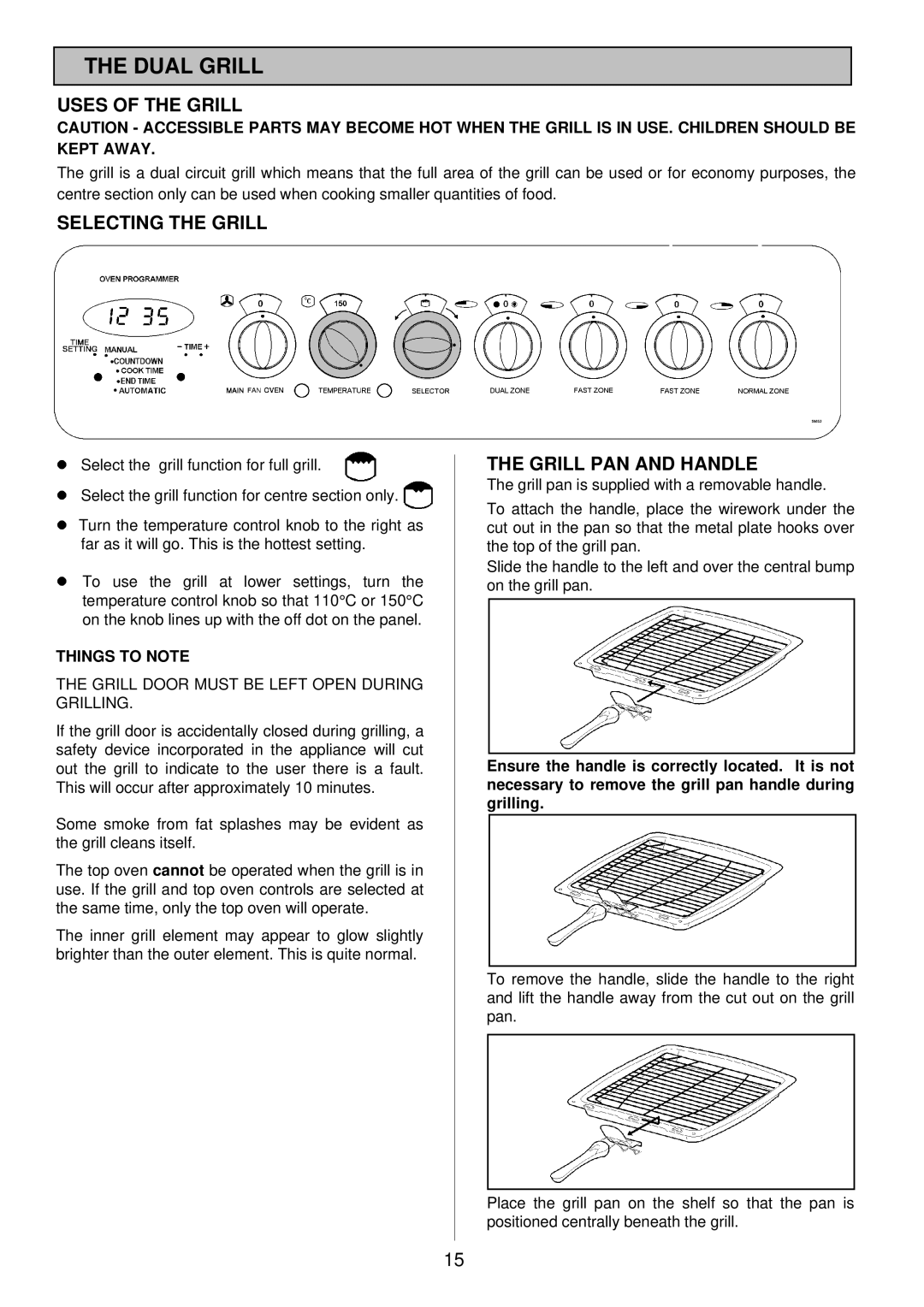 Tricity Bendix SI 453 Dual Grill, Uses of the Grill, Selecting the Grill, Grill PAN and Handle, Things to Note 