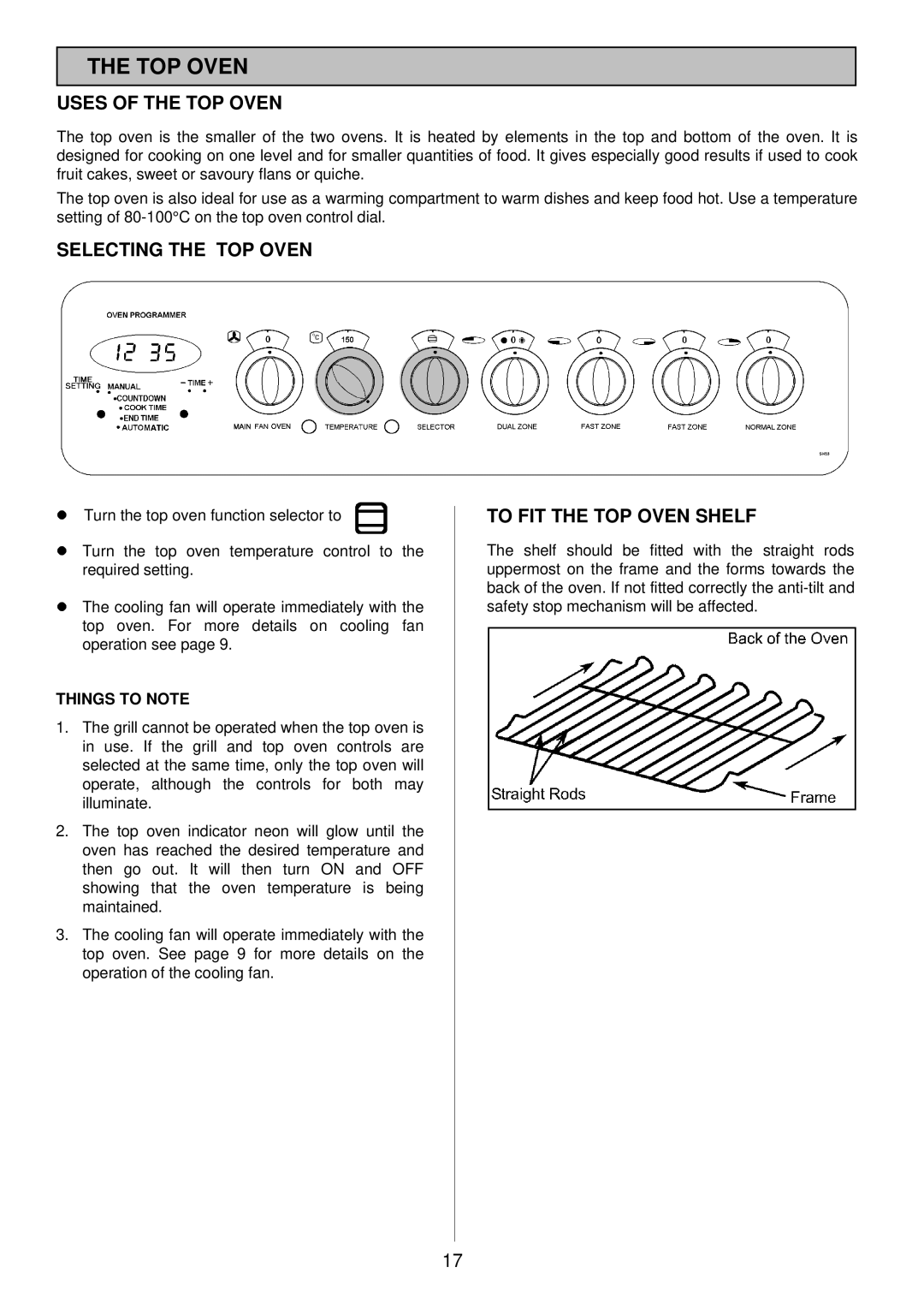 Tricity Bendix SI 453 installation instructions Uses of the TOP Oven, Selecting the TOP Oven, To FIT the TOP Oven Shelf 