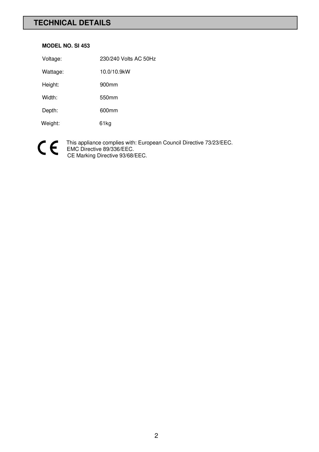 Tricity Bendix SI 453 installation instructions Technical Details, Model NO. SI 