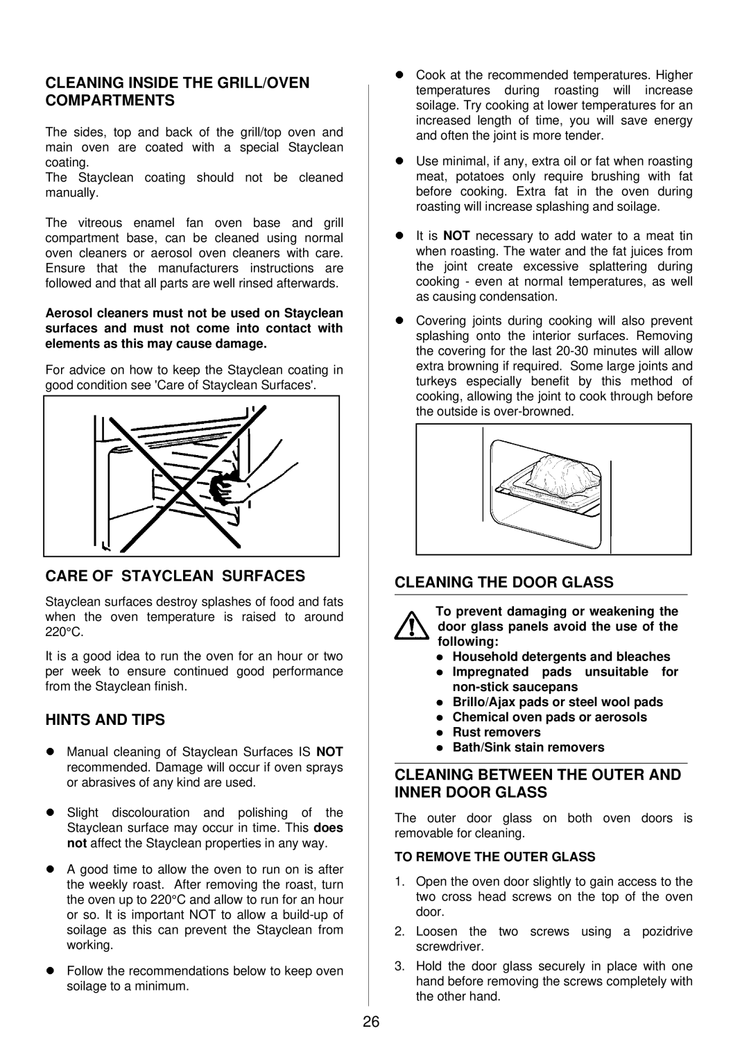 Tricity Bendix SI 453 Cleaning Inside the GRILL/OVEN Compartments, Care of Stayclean Surfaces, Cleaning the Door Glass 